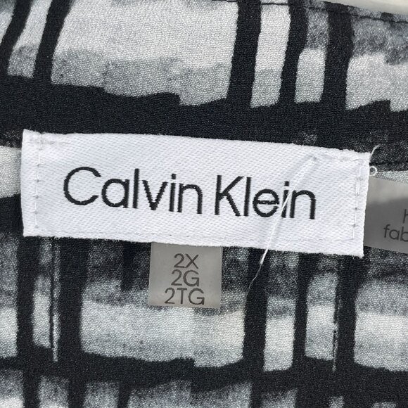 Calvin Klein Womens Plus 2X Black White Plaid Tunic Top Roll Tab Sleeve Shirt - Picture 3 of 10